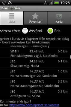 Screenshot: lista över bensinstationer